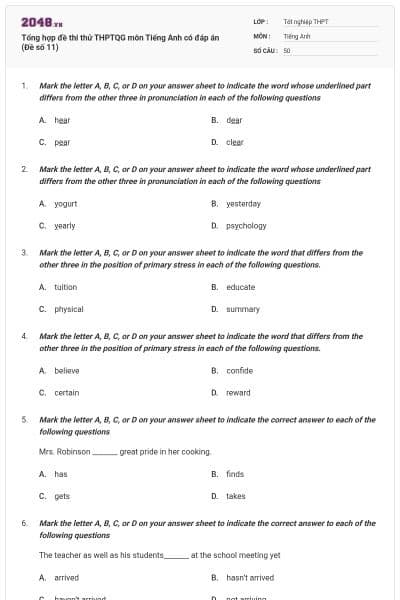 Tổng hợp đề thi thử THPTQG môn Tiếng Anh có đáp án (Đề số 11)