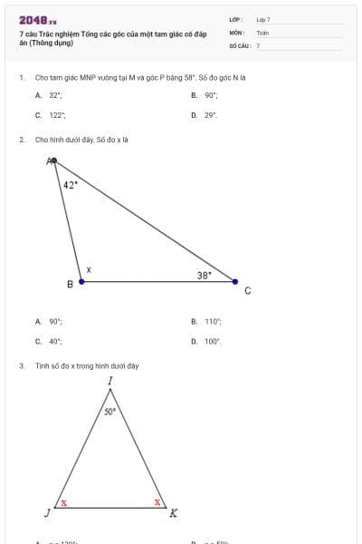 7 câu Trắc nghiệm Tổng các góc của một tam giác có đáp án (Thông dụng)