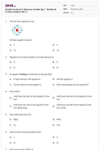 Đề kiểm tra Học kì 1 Khoa học tự nhiên lớp 7 - Bộ Kết nối tri thức có đáp án (Đề 1)
