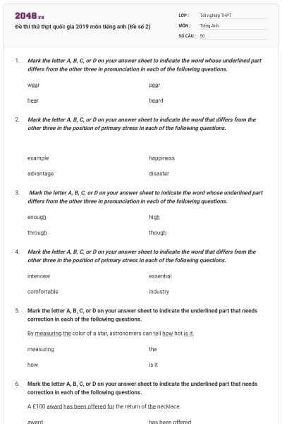 Đề thi thử thpt quốc gia 2019 môn tiếng anh (Đề số 2)