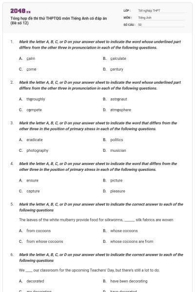 Tổng hợp đề thi thử THPTQG môn Tiếng Anh có đáp án (Đề số 12)
