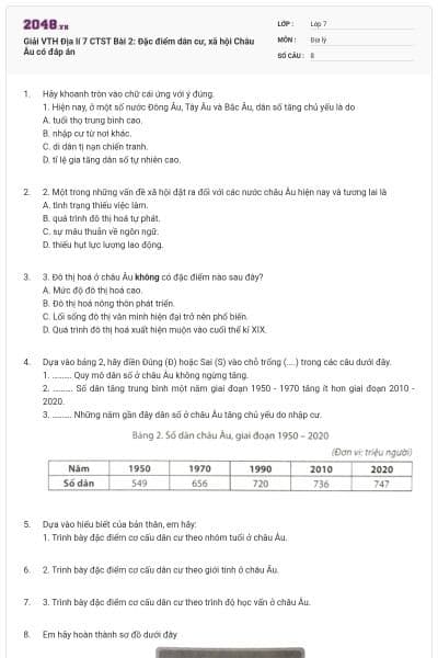 Giải VTH Địa lí 7 CTST Bài 2: Đặc điểm dân cư, xã hội Châu Âu có đáp án