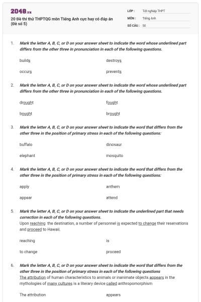 20 Đề thi thử THPTQG môn Tiếng Anh cực hay có đáp án (Đề số 5)