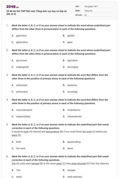 20 Đề thi thử THPTQG môn Tiếng Anh cực hay có đáp án (Đề số 4)