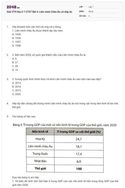 Giải VTH Địa lí 7 CTST Bài 4: Liên minh Châu Âu có đáp án