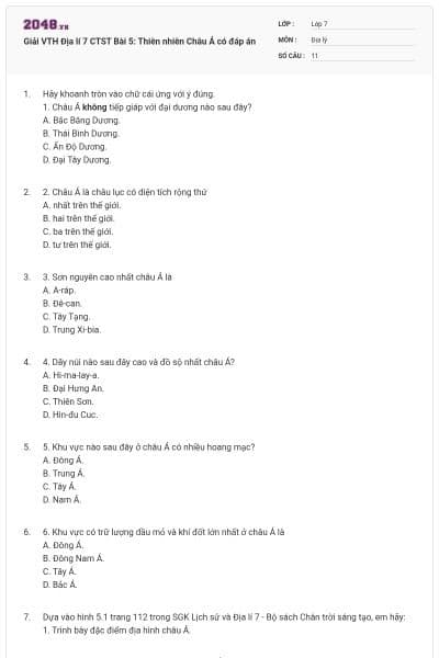 Giải VTH Địa lí 7 CTST Bài 5: Thiên nhiên Châu Á có đáp án