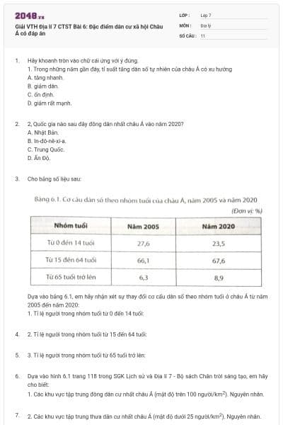 Giải VTH Địa lí 7 CTST Bài 6: Đặc điểm dân cư xã hội Châu Á có đáp án