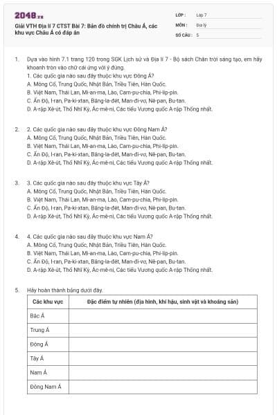 Giải VTH Địa lí 7 CTST Bài 7: Bản đồ chính trị Châu Á, các khu vực Châu Á có đáp án
