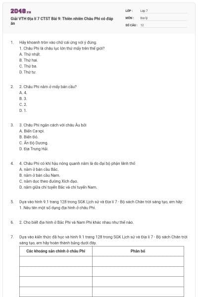 Giải VTH Địa lí 7 CTST Bài 9: Thiên nhiên Châu Phi có đáp án