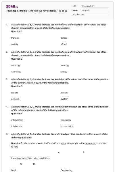 Tuyển tập đề thi thử Tiếng Anh cực hay có lời giải (Đề số 3)