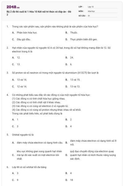 Bộ 2 đề thi cuối kì 1 Hóa 10 Kết nối tri thức có đáp án - Đề 2