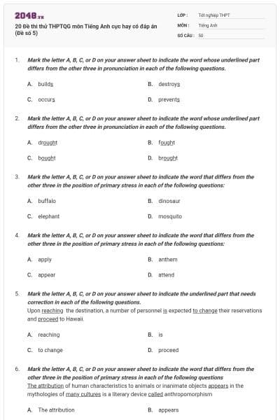 20 Đề thi thử THPTQG môn Tiếng Anh cực hay có đáp án (Đề số 5)