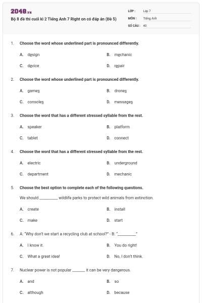 Bộ 8 đề thi cuối kì 2 Tiếng Anh 7 Right on có đáp án (Đề 5)