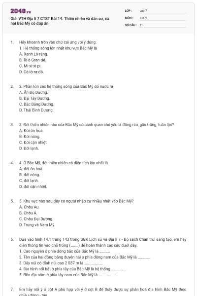 Giải VTH Địa lí 7 CTST Bài 14: Thiên nhiên và dân cư, xã hội Bắc Mỹ có đáp án
