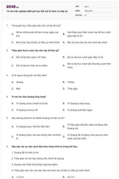 10 câu trắc nghiệm Một giờ học Kết nối tri thức có đáp án