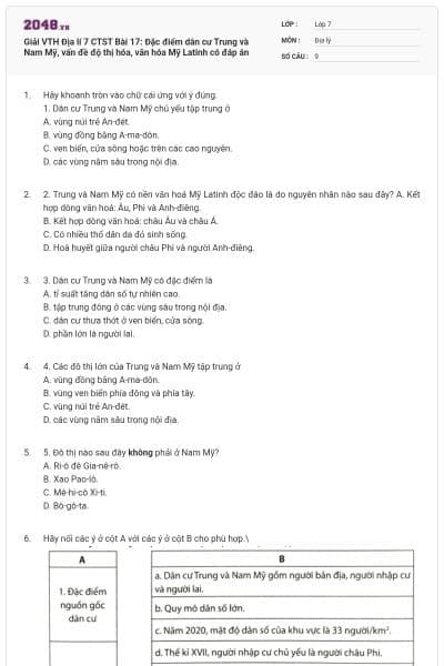 Giải VTH Địa lí 7 CTST Bài 17: Đặc điểm dân cư Trung và Nam Mỹ, vấn đề độ thị hóa, văn hóa Mỹ Latinh có đáp án