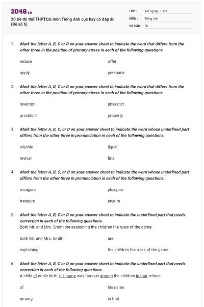 20 Đề thi thử THPTQG môn Tiếng Anh cực hay có đáp án (Đề số 6)