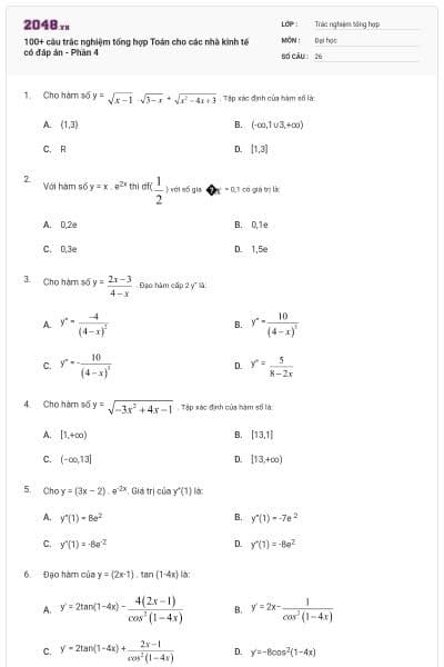 100+ câu trắc nghiệm tổng hợp Toán cho các nhà kinh tế có đáp án - Phần 4