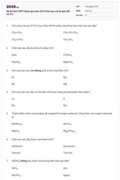 Đề thi thử THPT Quốc gia năm 2019 Hóa học có lời giải (Đề số 21)