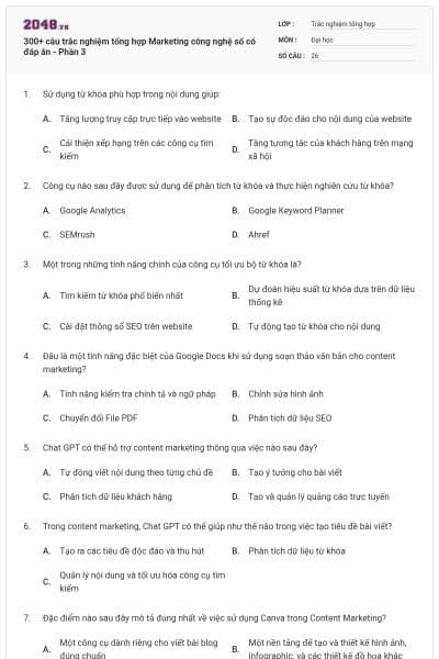 300+ câu trắc nghiệm tổng hợp Marketing công nghệ số có đáp án - Phần 3