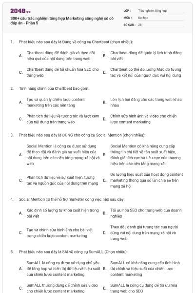 300+ câu trắc nghiệm tổng hợp Marketing công nghệ số có đáp án - Phần 5