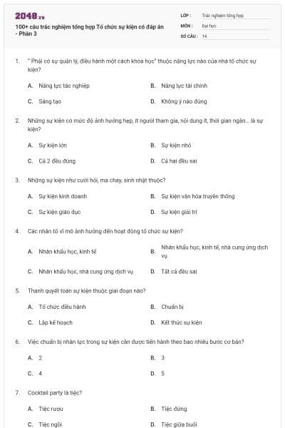 100+ câu trắc nghiệm tổng hợp Tổ chức sự kiện có đáp án - Phần 3
