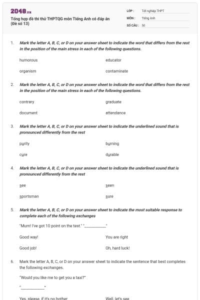 Tổng hợp đề thi thử THPTQG môn Tiếng Anh có đáp án (Đề số 13)