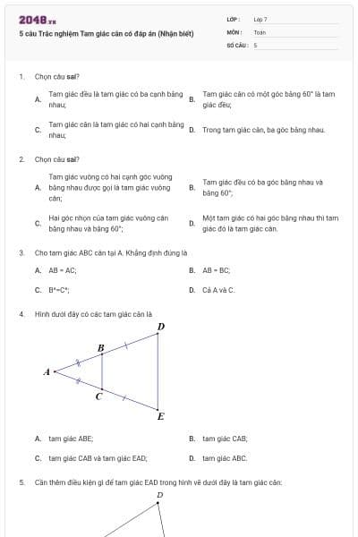 5 câu Trắc nghiệm Tam giác cân có đáp án (Nhận biết)