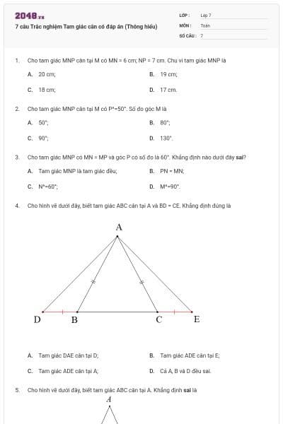 7 câu Trắc nghiệm Tam giác cân có đáp án (Thông hiểu)