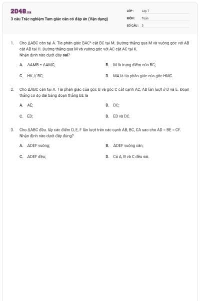 3 câu Trắc nghiệm Tam giác cân có đáp án (Vận dụng)