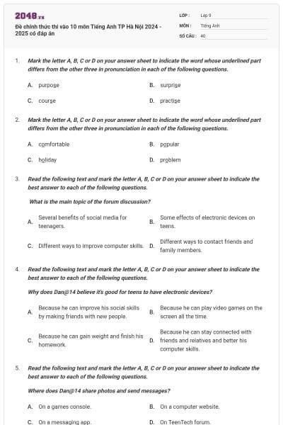 Đề chính thức thi vào 10 môn Tiếng Anh TP Hà Nội 2024 - 2025 có đáp án