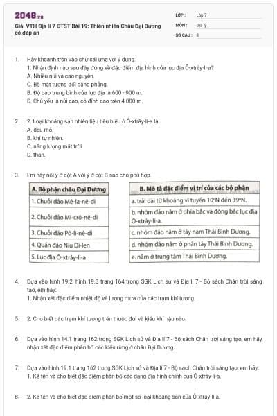 Giải VTH Địa lí 7 CTST Bài 19: Thiên nhiên Châu Đại Dương có đáp án