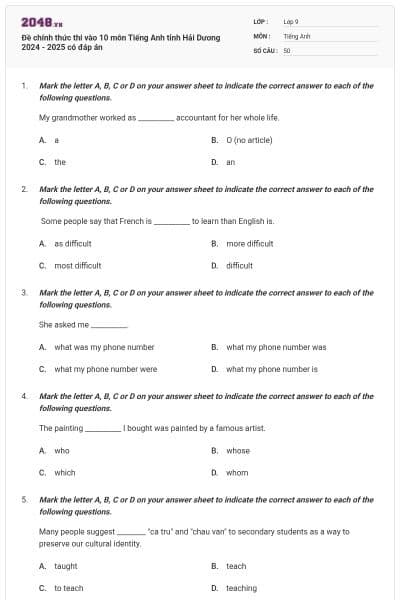 Đề chính thức thi vào 10 môn Tiếng Anh tỉnh Hải Dương 2024 - 2025 có đáp án