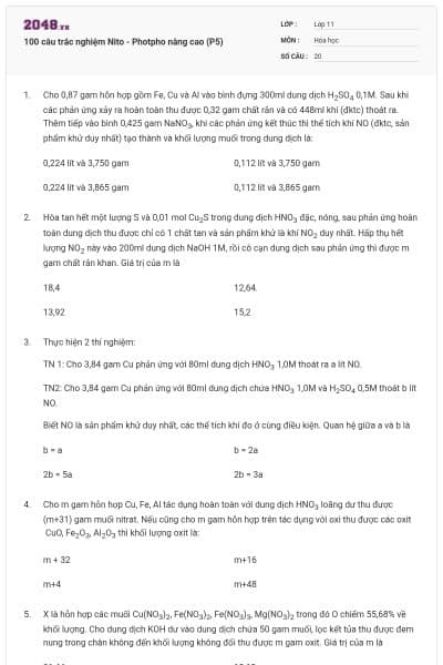 100 câu trắc nghiệm Nito - Photpho nâng cao (P5)