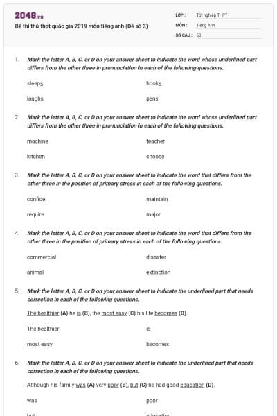 Đề thi thử thpt quốc gia 2019 môn tiếng anh (Đề số 3)