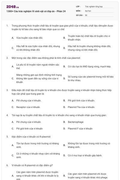 1300+ Câu trắc nghiệm Vi sinh vật có đáp án - Phần 24