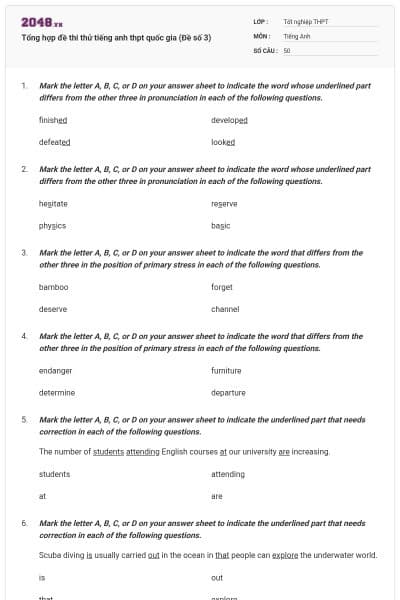 Tổng hợp đề thi thử tiếng anh thpt quốc gia (Đề số 3)