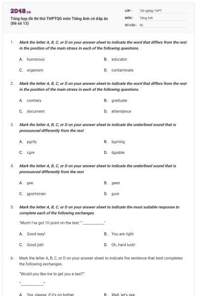 Tổng hợp đề thi thử THPTQG môn Tiếng Anh có đáp án (Đề số 13)