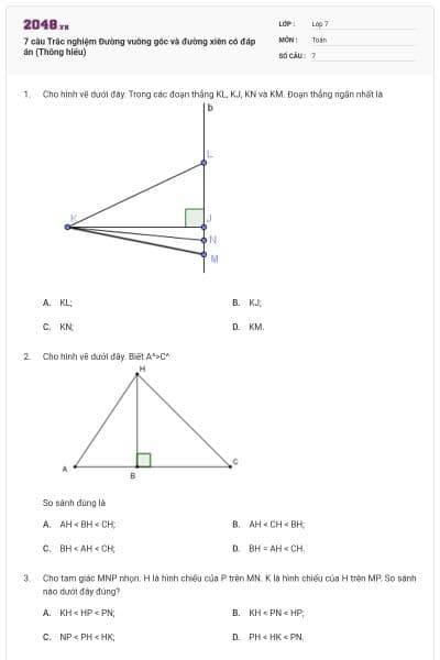 7 câu Trắc nghiệm Đường vuông góc và đường xiên có đáp án (Thông hiểu)