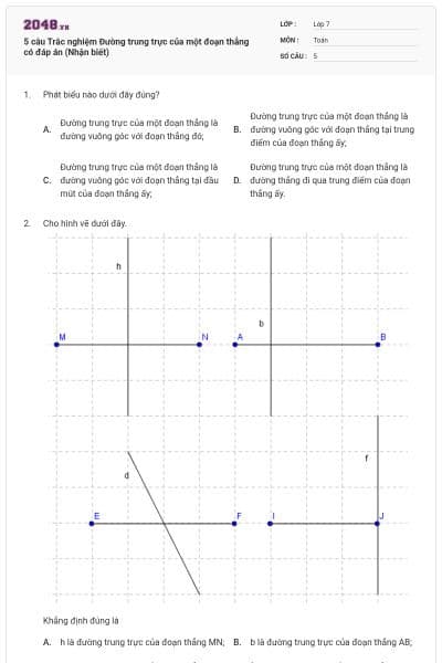5 câu Trắc nghiệm Đường trung trực của một đoạn thẳng có đáp án (Nhận biết)