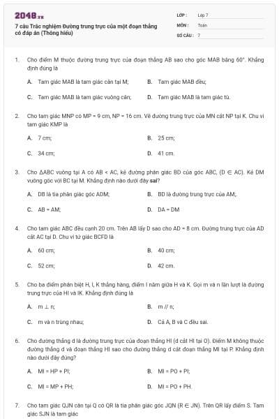 7 câu Trắc nghiệm Đường trung trực của một đoạn thẳng có đáp án (Thông hiểu)