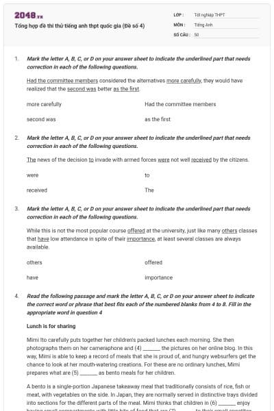 Tổng hợp đề thi thử tiếng anh thpt quốc gia (Đề số 4)