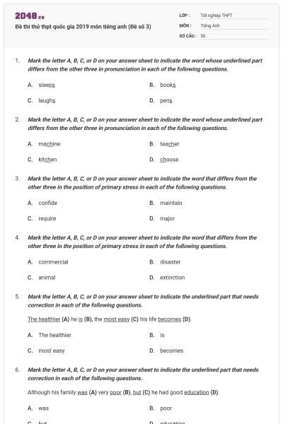 Đề thi thử thpt quốc gia 2019 môn tiếng anh (Đề số 3)