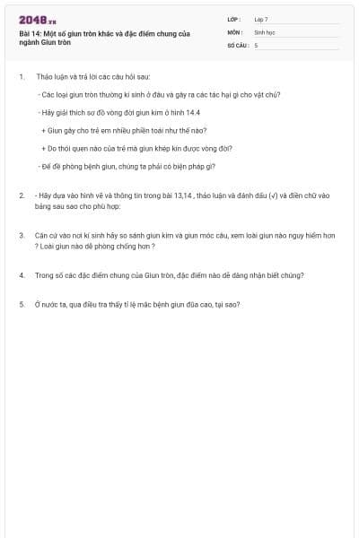 Bài 14: Một số giun tròn khác và đặc điểm chung của ngành Giun tròn