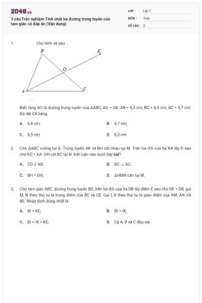 3 câu Trắc nghiệm Tính chất ba đường trung tuyến của tam giác có đáp án (Vận dụng)