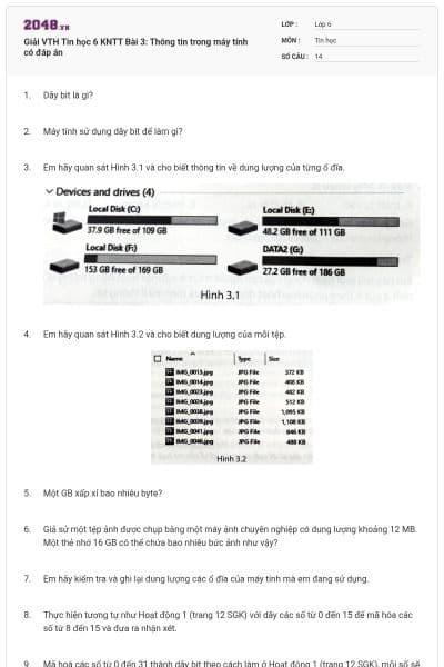 Giải VTH Tin học 6 KNTT Bài 3: Thông tin trong máy tính có đáp án