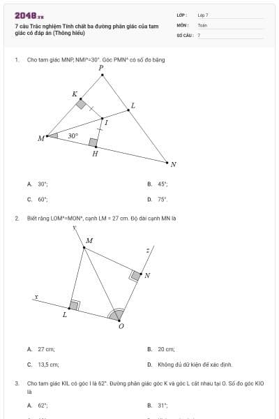 7 câu Trắc nghiệm Tính chất ba đường phân giác của tam giác có đáp án (Thông hiểu)