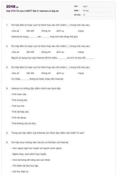 Giải VTH Tin học 6 KNTT Bài 5: Internet có đáp án