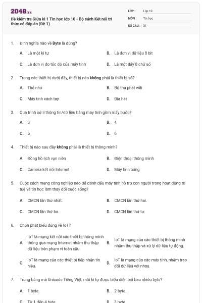 Đề kiểm tra Giữa kì 1 Tin học lớp 10 - Bộ sách Kết nối tri thức có đáp án (Đề 1)