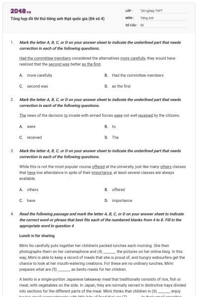 Tổng hợp đề thi thử tiếng anh thpt quốc gia (Đề số 4)